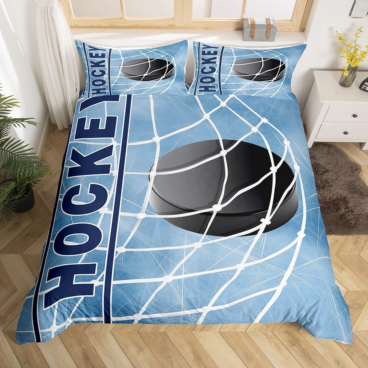 jejeloiu Blue Ice Hockey Bedding Set Toddler Size Kids Ice Sports Games Comforter Cover Set Hockey Player Puck Hockey Duvet Cover Winter Sports Bedspread Cover Room Decor Quilt Cover,No Comforter