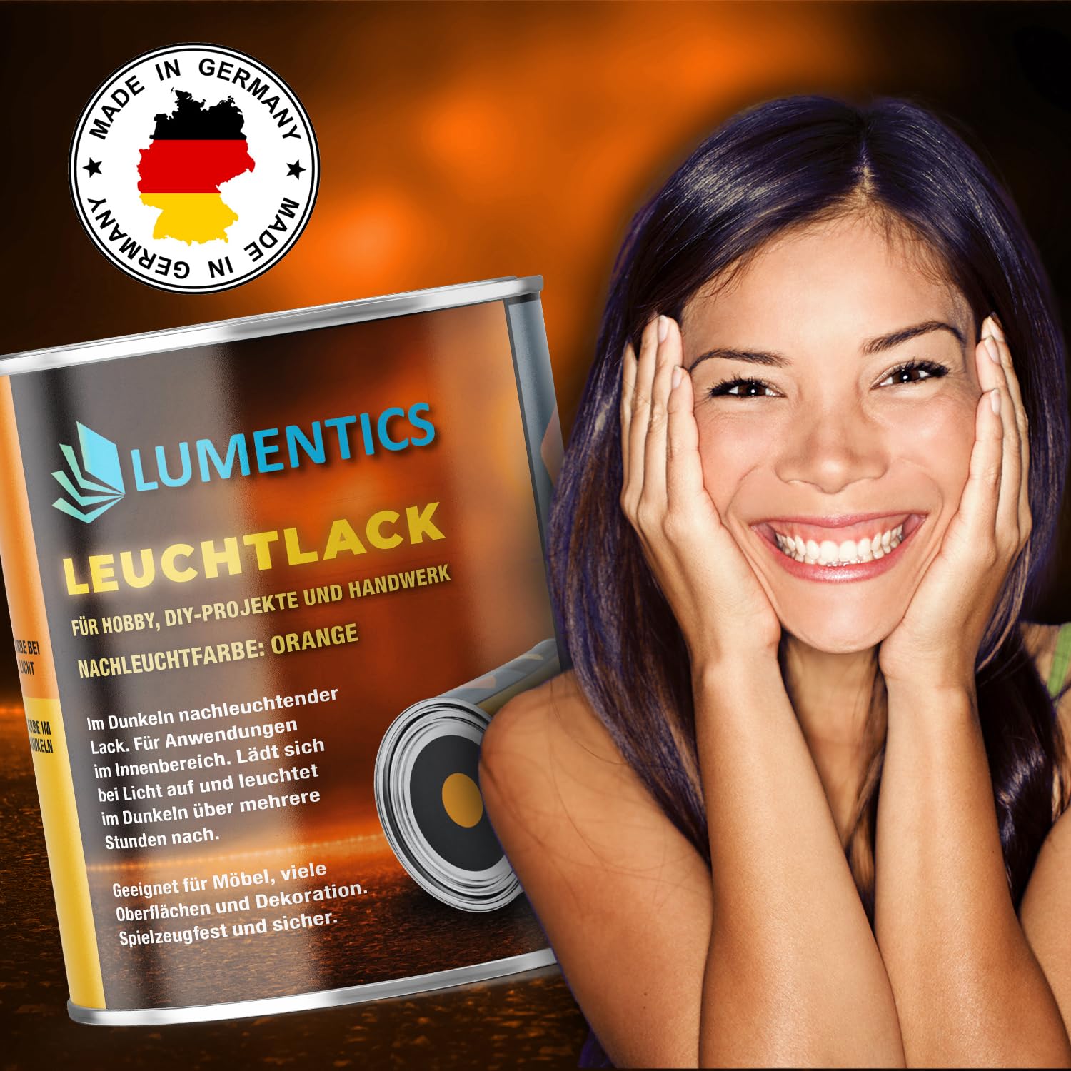 LUMENTICS Lack nachleuchtend Orange 250ml - Farbe leuchtet im Dunkeln - Selbstleuchtender Lack auf Acrylbasis - Leuchtlack phosphoreszierend, fluoreszierend, wiederaufladbar, geruchsarm