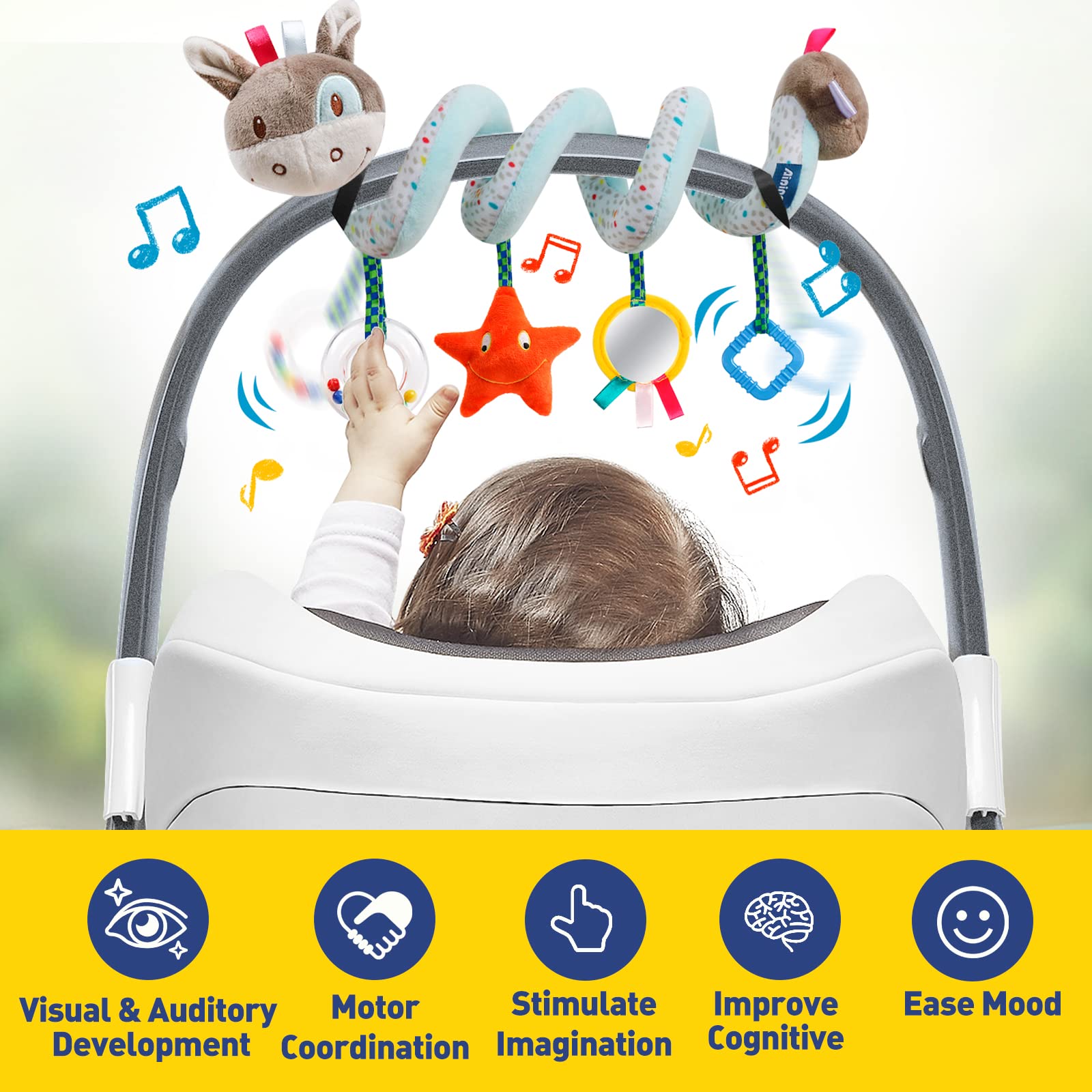 Juguetes de asiento de coche para bebé, juguete de cochecito de actividad para niños y niñas de 0, 3, 6, 9, 10, 12 meses, juguetes de peluche colgantes en espiral, regalos de agradecimiento para baby 4