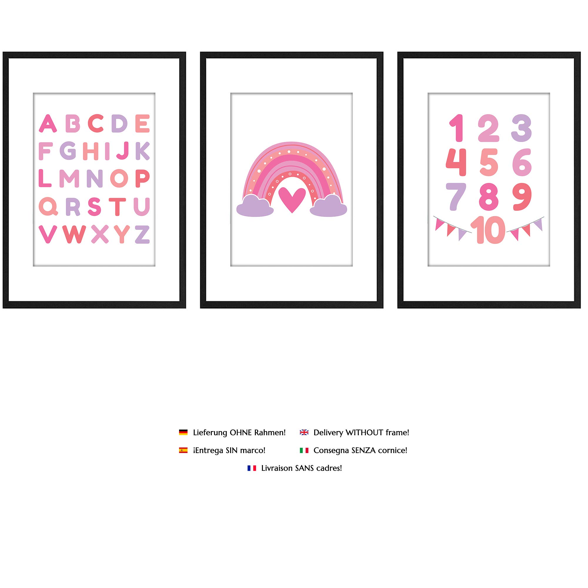 PREMYO 3 Affiche Décoration Murale - Décoration Chambre Bébé Fille - Alphabet ABC Arc-en-ciel Rose Papier Épais A4