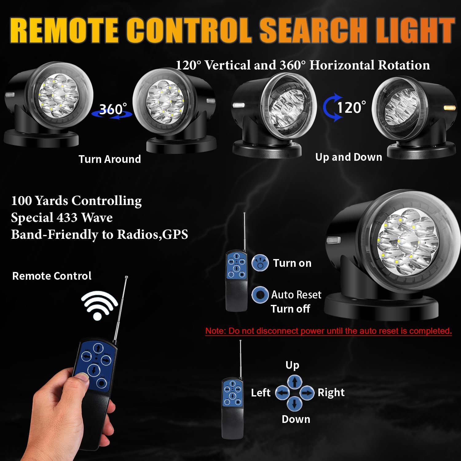 LED Spotlight for Truck, Remote LED Search Light 60W 12V 24V Marine Hunting Searchlight, Waterproof LED Spot Light for Off Road, 6 Powerful Magnets Built-in 360 Rotating, Auto Reset