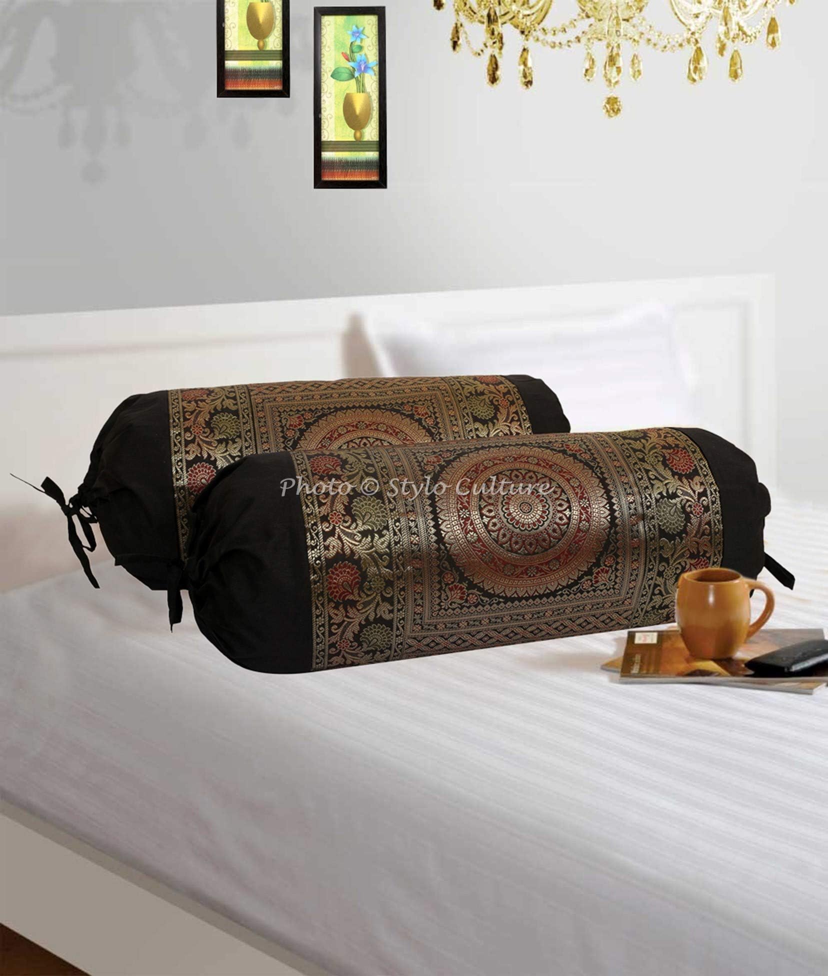 Stylo Culture Ethnic Poly dupion Silk Jacquard Brocade Border Mandala Cylindrical Decorative Tube Pillow Bolster Covers - Black & Gold, Large (Set of 2) | 30x15 Inches, Standard