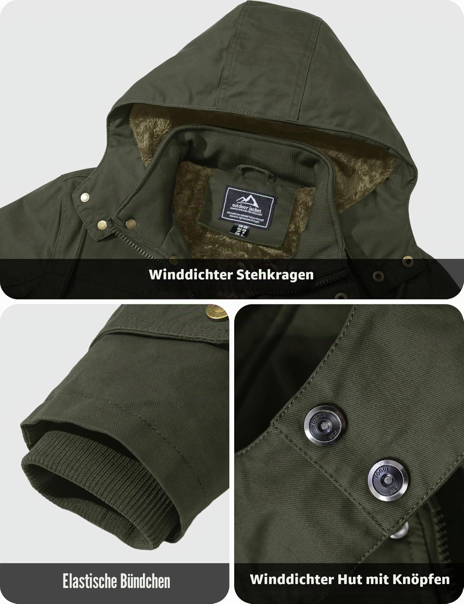MAGCOMSEN Winterjacke Herren Warm Gefüttert Jacke Fleece Winterparka Winddicht Outdoor Übergangsjacke mit Abnehmbarer Kapuze