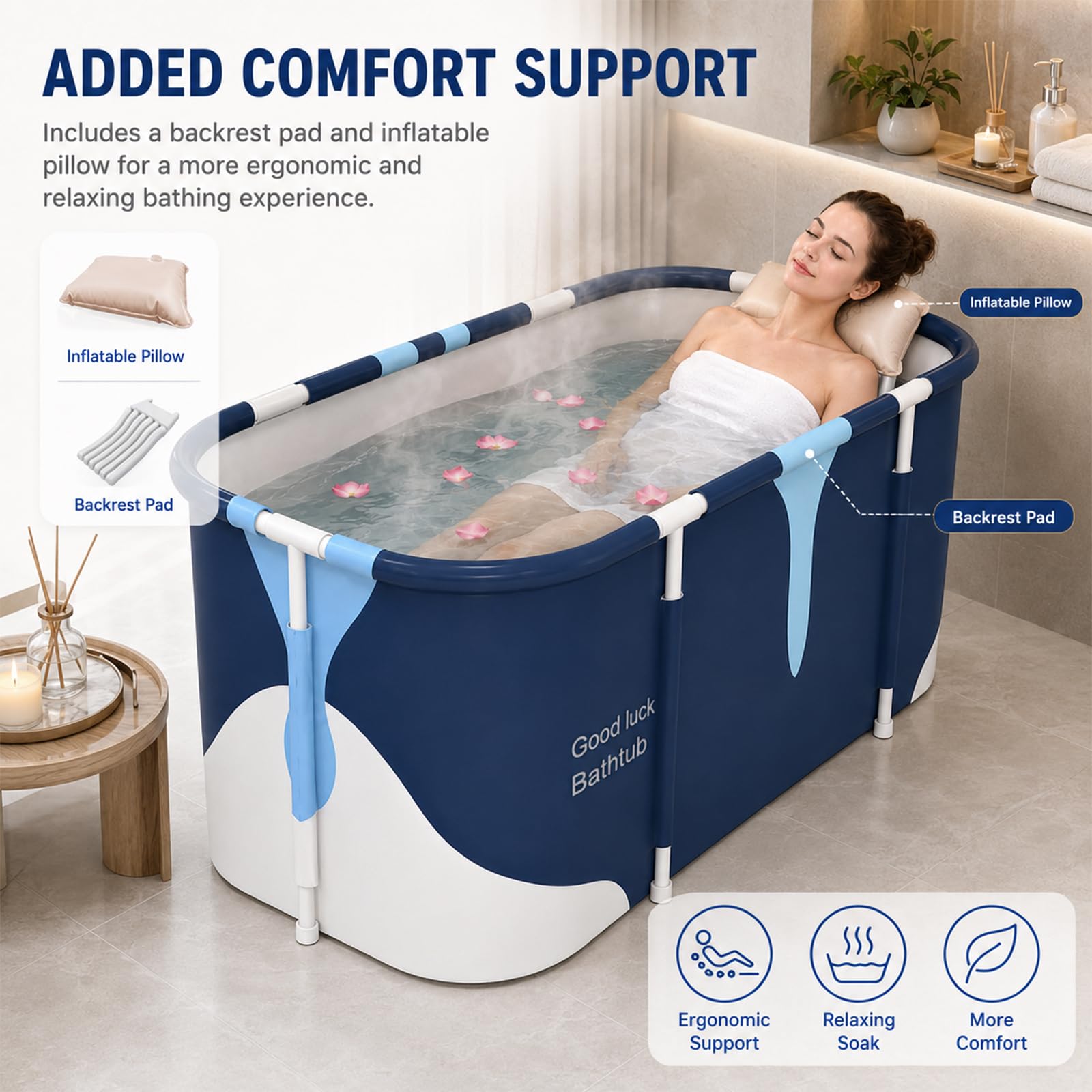 55 pollici Vasca da bagno portatile, vasca da bagno pieghevole, vasca da bagno indipendente per bagno caldo e di ghiaccio, vasca da bagno SPA per bagno, doccia, vasca da bagno portatile per ghiaccio