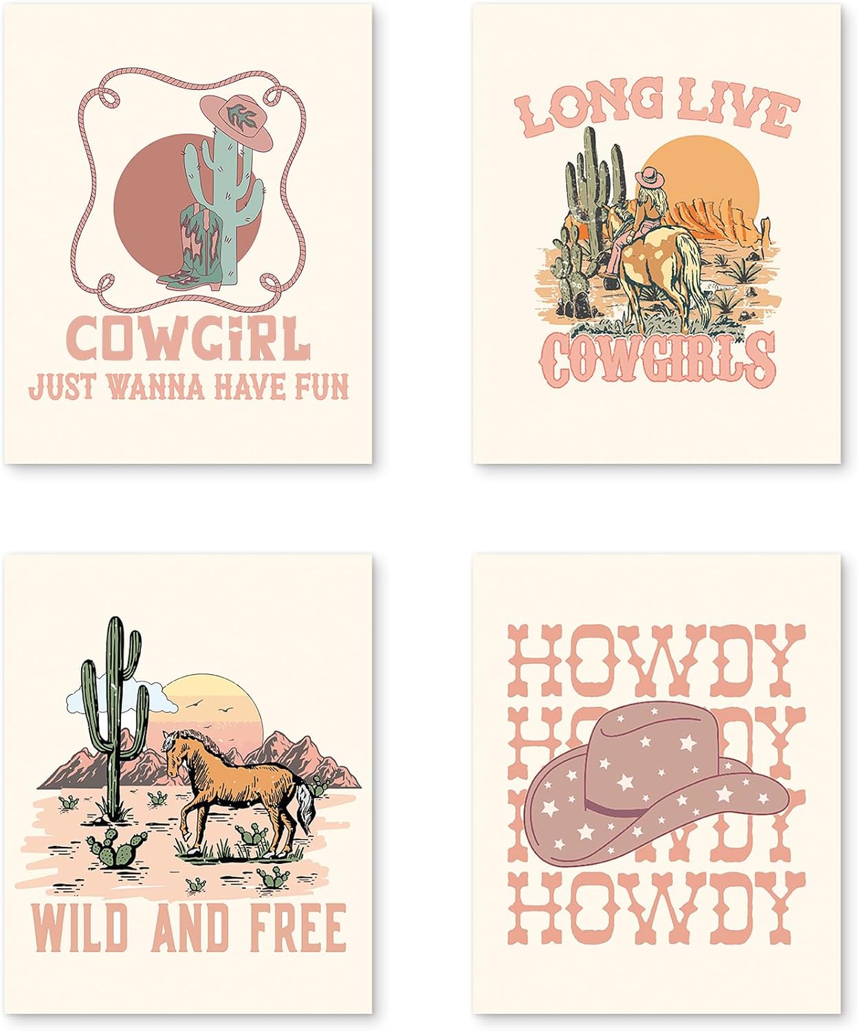 PUHEI Retro Western Howdy Cowgirl Wall Art Prints Set of 4