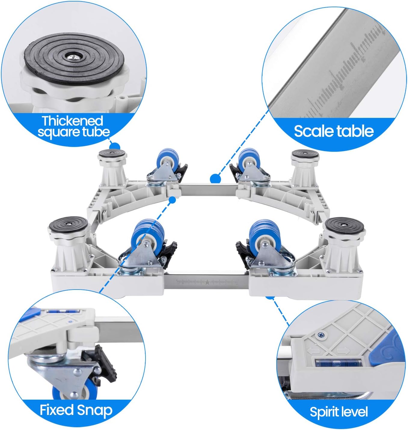 Mobile Washing Machine Refrigerator Adjustable Base with Locking Swivel Wheels Anti vibration Mute Cart Outdoor Roller Dolly Trolley Loading Capacity 600 lbs