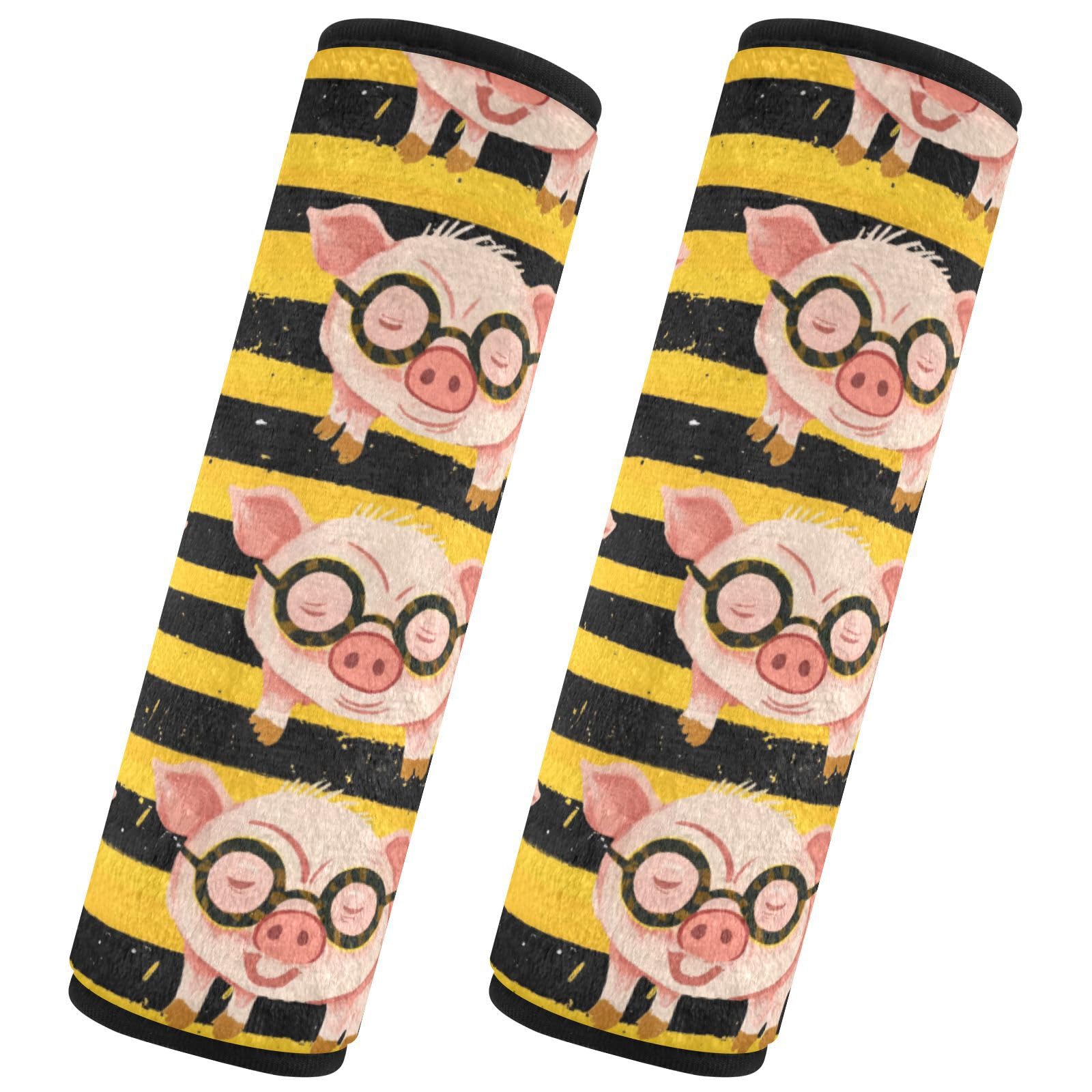 Seat Belt Covers 2 Pack Pink Piglets Glasses Car Seat Strap Covers Super Soft Yellow Stripes Car Seat Neck Cover for Boys Girls Adults Babies M