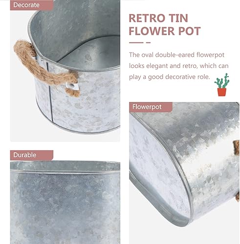 Miniatura 7 de GANAZONO Cuenca de flores galvanizada ovalada galvanizada, cubetas de mercado de agricultores con asas, maceta rústica, decoración del hogar para