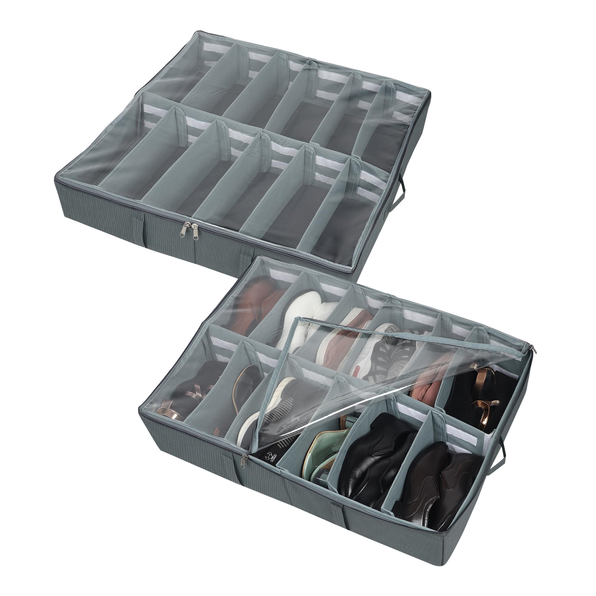 DOUBLE R BAGS Under Bed Shoe Organizer with Zipper, Storage for Sneakers, Heels & Boots – Adjustable Compartments, Dustproof & Space-Saving (24.5 x 29 x 5.5 Inch)