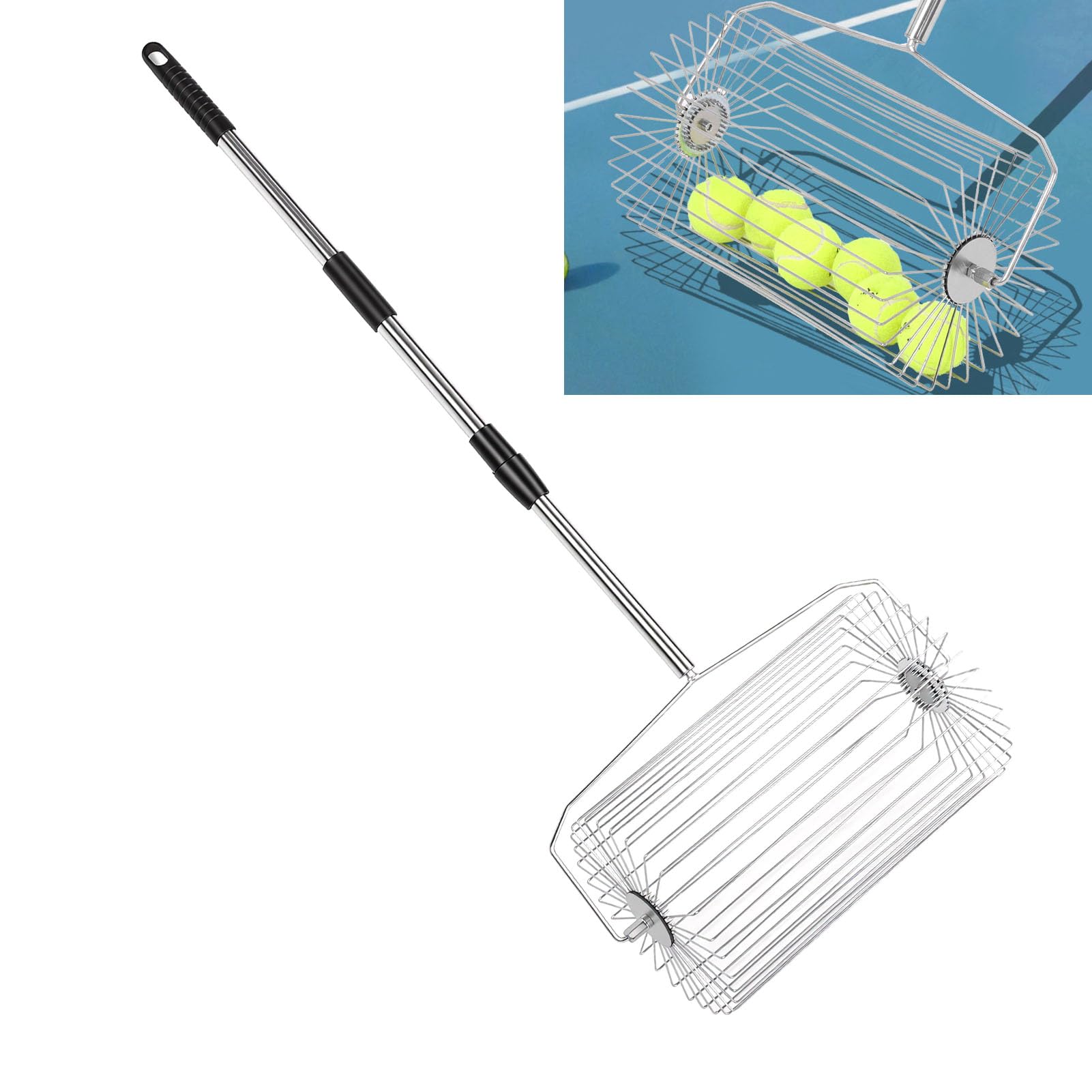 Jectse Raccoglitore di Palline da Tennis, Raccoglitore di Palline a Rulli in Acciaio Inossidabile, Strumento di Raccolta di di Grande capacità per Campo da Tennis da Giardino