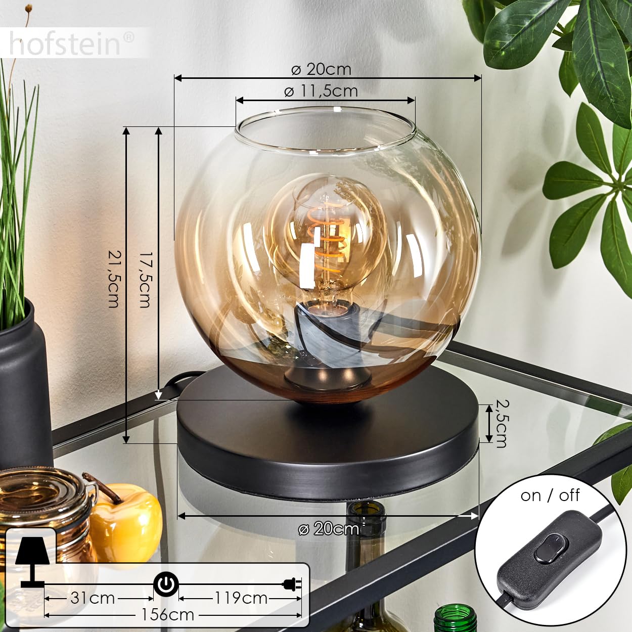 Tischleuchte Apedo, Tischlampe aus Metall/Glas in Schwarz/Bernstein/Klar, Leuchte im modernen Retro/Vintage-Design mit Schirm aus Glas (Ø 20 cm) u. An/-Auschalter am Kabel, 1 x E27, ohne Leuchtmittel