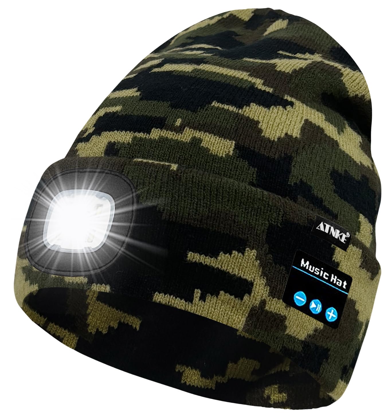ATNKE LED Lighted Bluetooth Beanie Hat,USB Rechargeable 4 LED Wireless Music Running Headlamp Cap Gift for Men and Women/#Camouflage Green