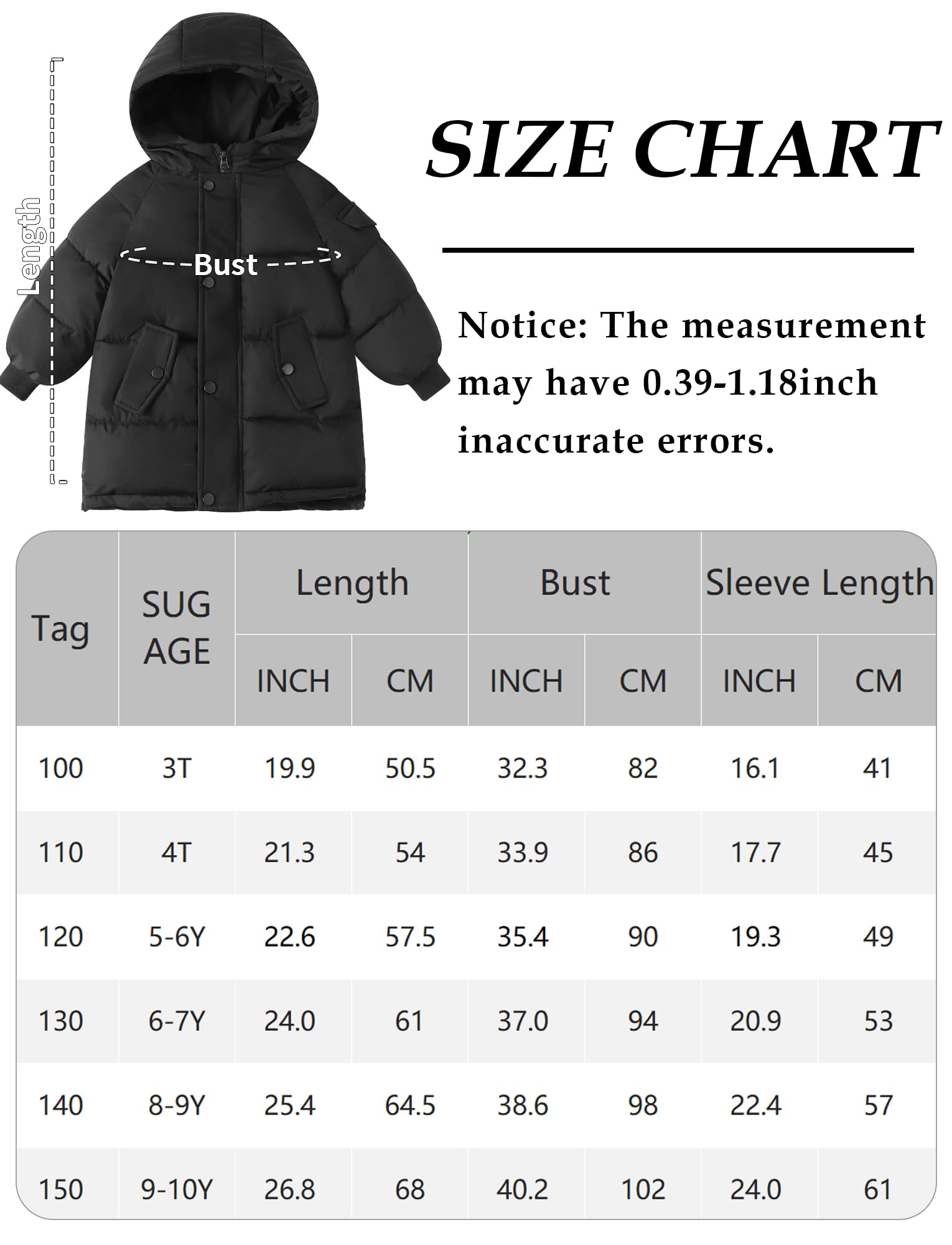 Maeau Giacca invernale trapuntata per bambini e bambine, leggera, media lunghezza, in cotone di piuma, imbottita, calda, morbida e confortevole, 3-10 anni/100-150 cm