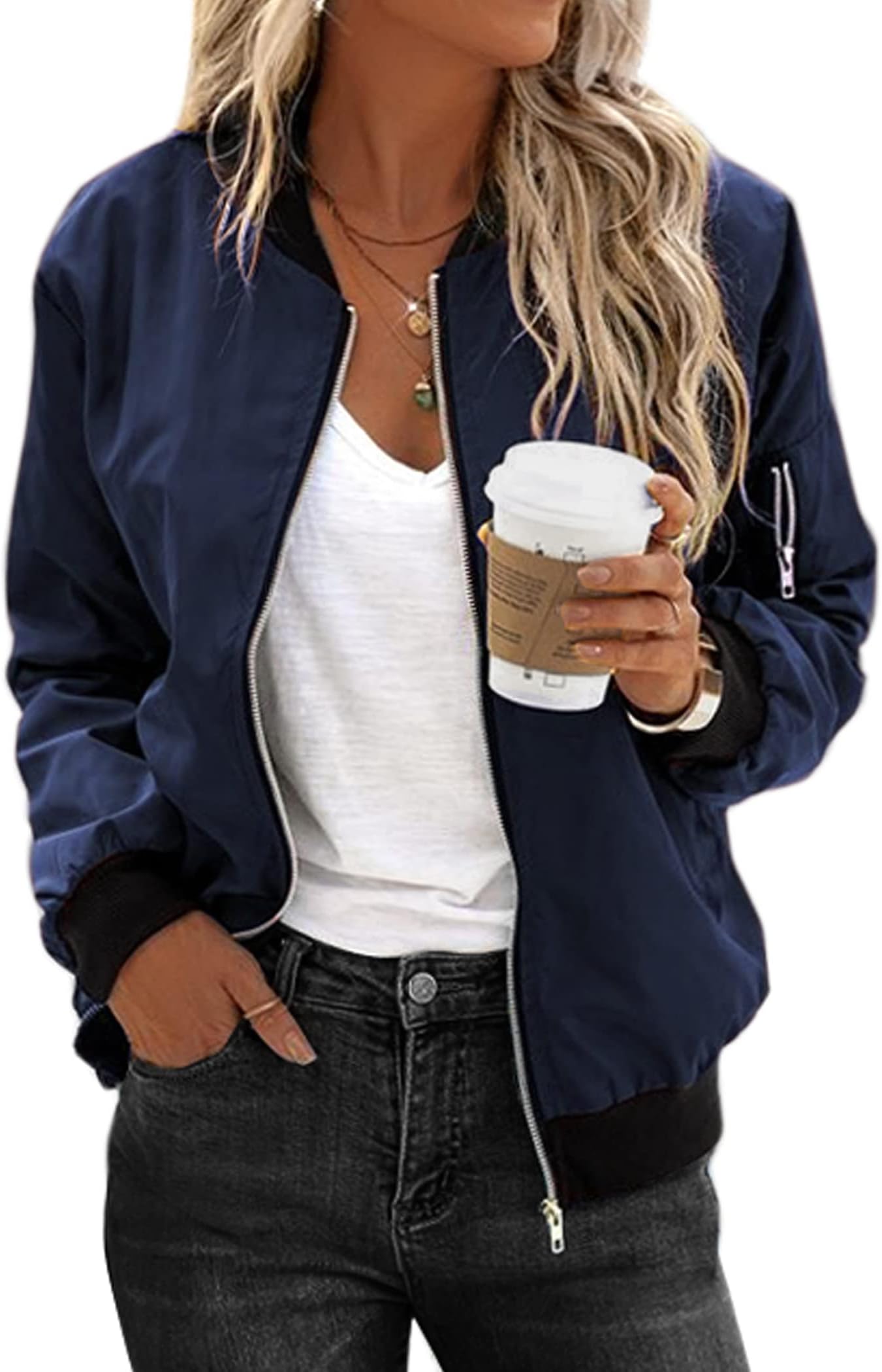 Women's Bomber Jacket Casual Coat Zip Up Spring Fall Clothes with Pockets S-XXL