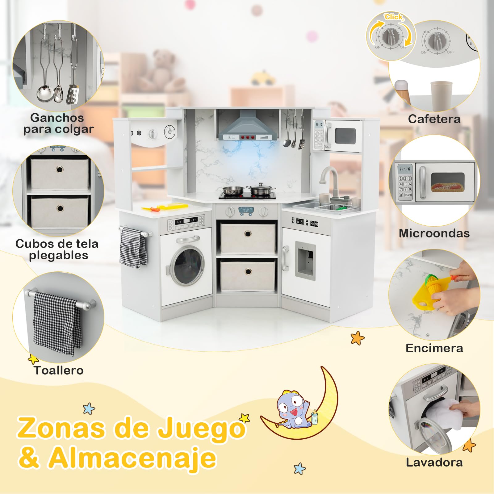 XXXL cocina de esquina interactiva de madera con frigorífico, microondas, horno, lavadora y accesorios - natural | JUGUETES Y JUEGOS  Juego de roles  Cocinas y juguetes de cocina. JUGUETES Y