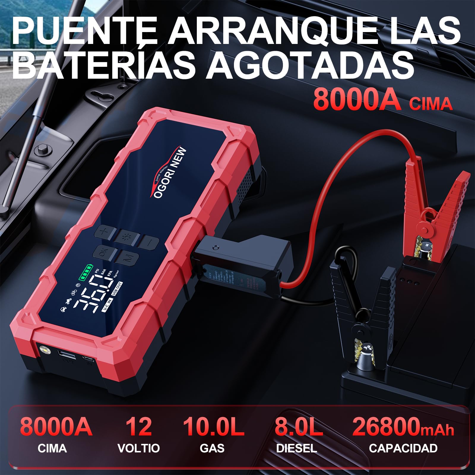 Arrancador de Coche 8000A,Arrancador de Baterias para Coche 12V con Compresor Aire Portatil(para 10L de Gasolina o 8L de Diésel),Jump Starter con Pinzas de Seguridad Inteligentes/luz LED