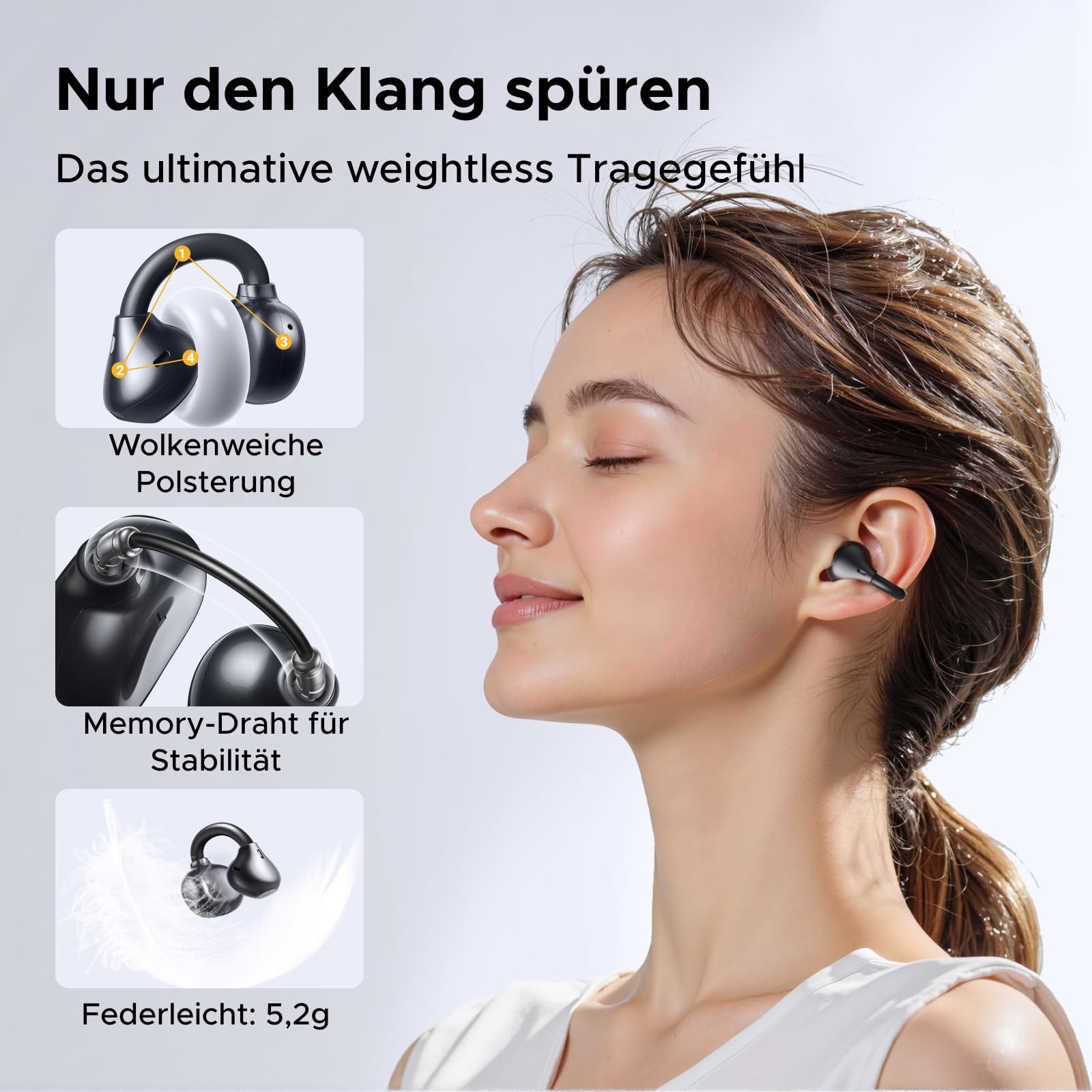 UGREEN ClipBuds Open-Ear Kopfhörer mit 4 Mikrofonen ENC Geräuschunterdrückung, 30 Stunden Akku, Bluetooth 6.0, APP-Unterstützung, IPX5 Wasserschutz, Raumklang und Gerätedoppelverbindung