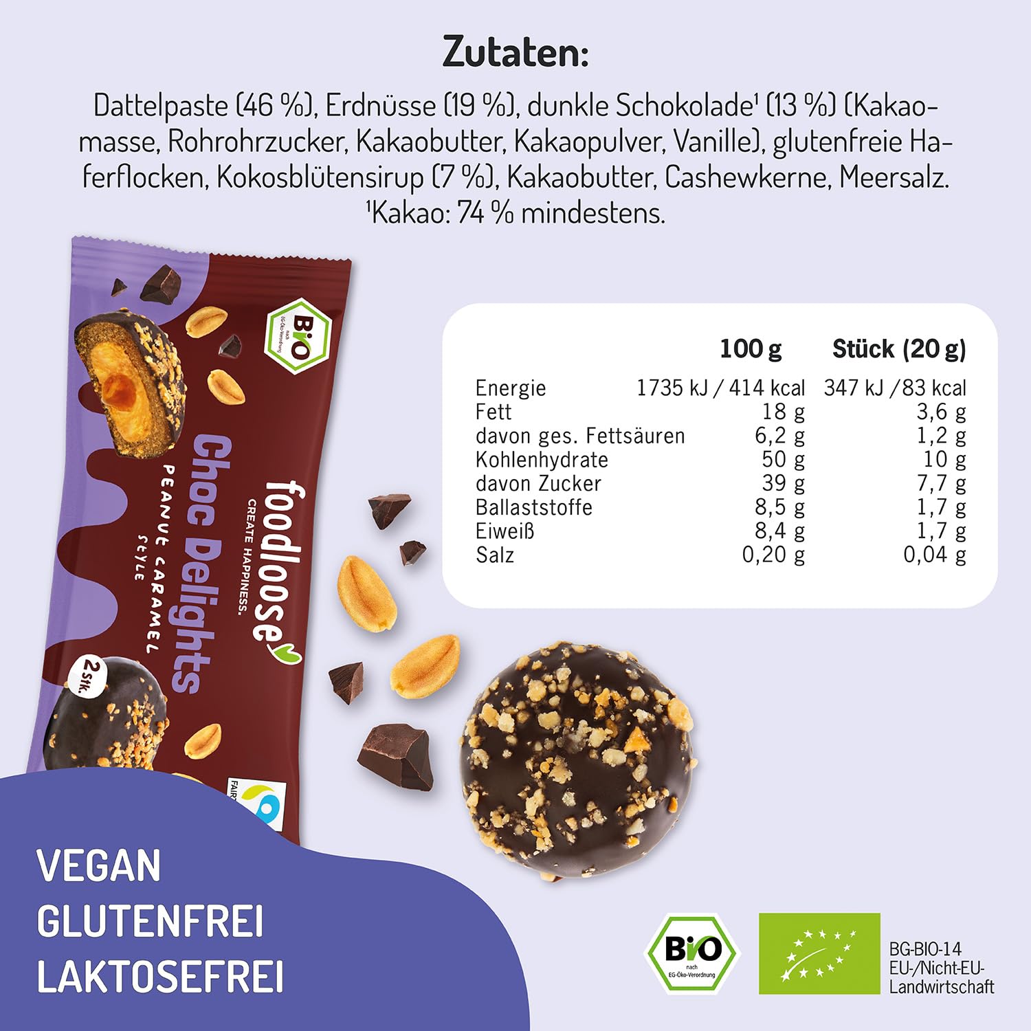 foodloose Choc Delights Peanut Caramel | Gefüllter Dattelsnack mit Erdnussmus Umhüllt von Dunkler Schokolade | Bio, Vegan, Glutenfrei & ohne Künstliche Zusätze | Vorteilspack (12 x 20g)