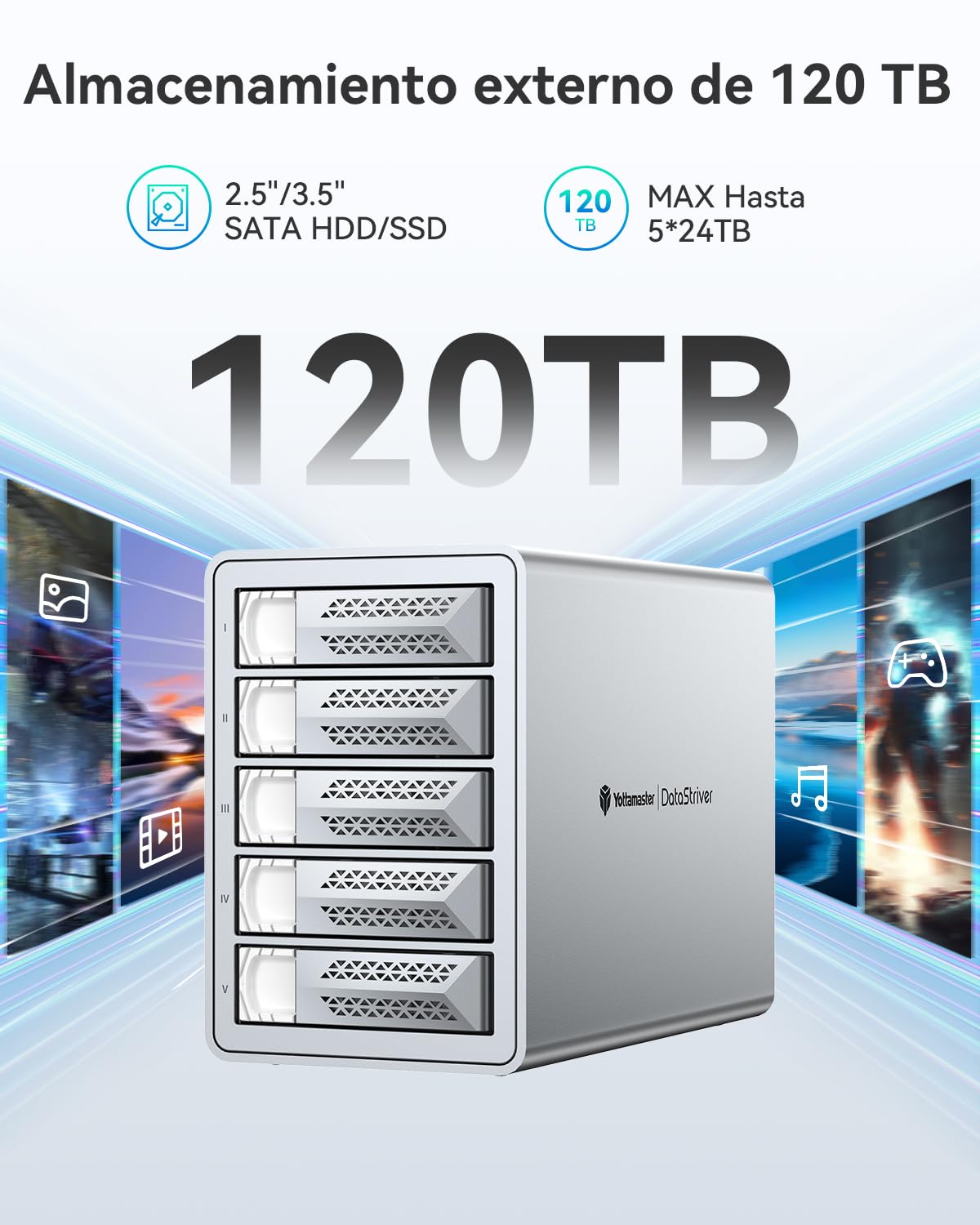 Yottamaster Caja 5 Bahías para Disco Duro, 10Gbps Daisy-Chain 5 Bay Das, Carcasa USB C Das de Aluminio Soporta 110TB (5x22TB) Máximo hasta 330TB para 2.5"/3.5" SATA HDD/SSD (Sin Disco)