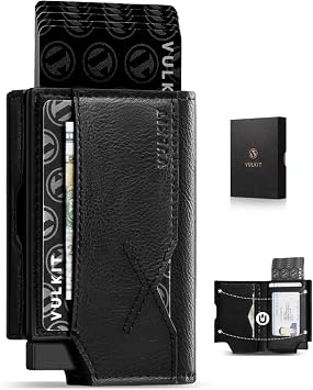 VULKIT Leather Minimalist Men's Wallet Pop Up Slim Front Pocket Credit Card Holder Wallet for Men Quick Card Access with ID Window, Black