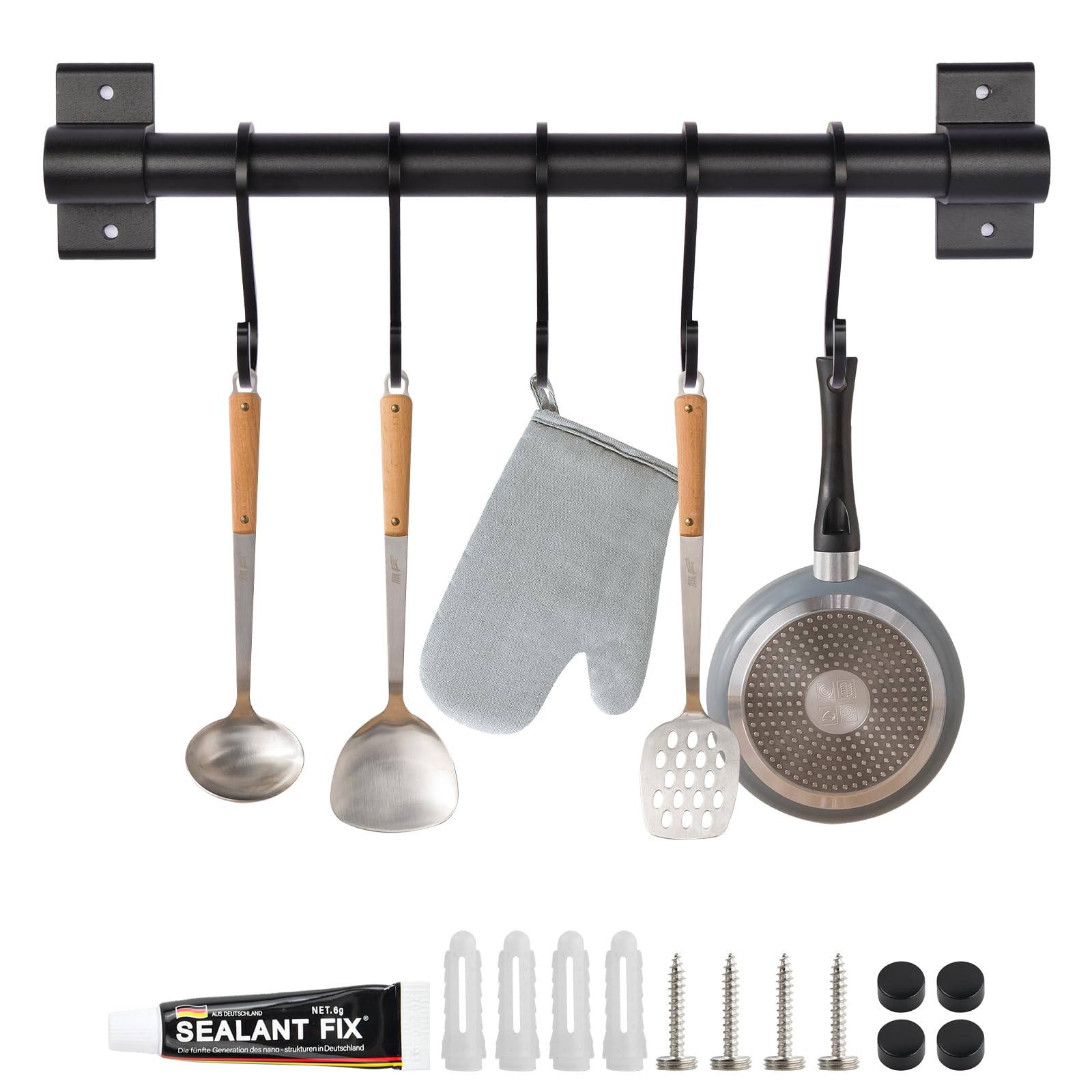 volumoon Barra Colgador de Utensilios Cocina, Barra para Colgar Utensilios con 5 Ganchos, Negro