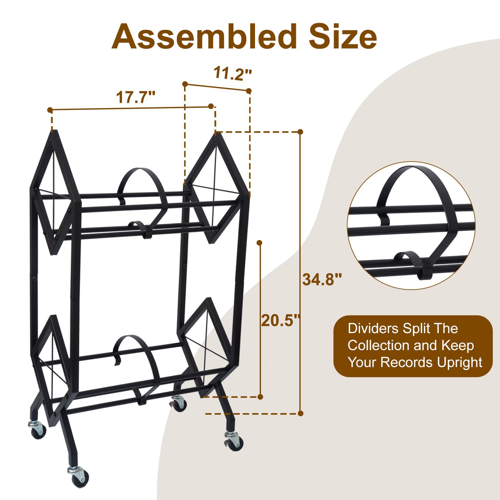 RANXFLOAT Vinyl Record Storage Rack, 2 Tier Record Organizer with Wheels, 200 LP Albums Storage Rack Shelf, Metal Records Display Shelf Organizer for Magazines, Books, Office Files, Black