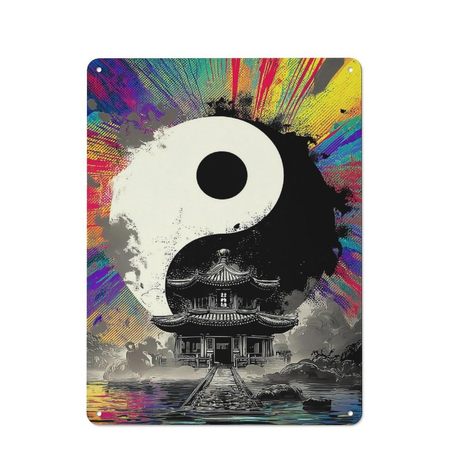 Yin Yang Temple Reflections Modern Retro Metal Wall Decor 40x30cm, Metal Wall Sign for Loft, Studio, Office Or Creative Room
