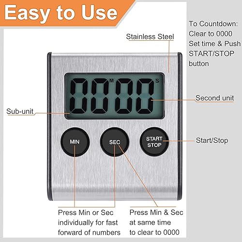 Miniatura 3 de Paquete de 4 imanes digitales de temporizador de cocina, temporizadores de cocina de acero inoxidable con alarma. Temporizador magnético de cuenta