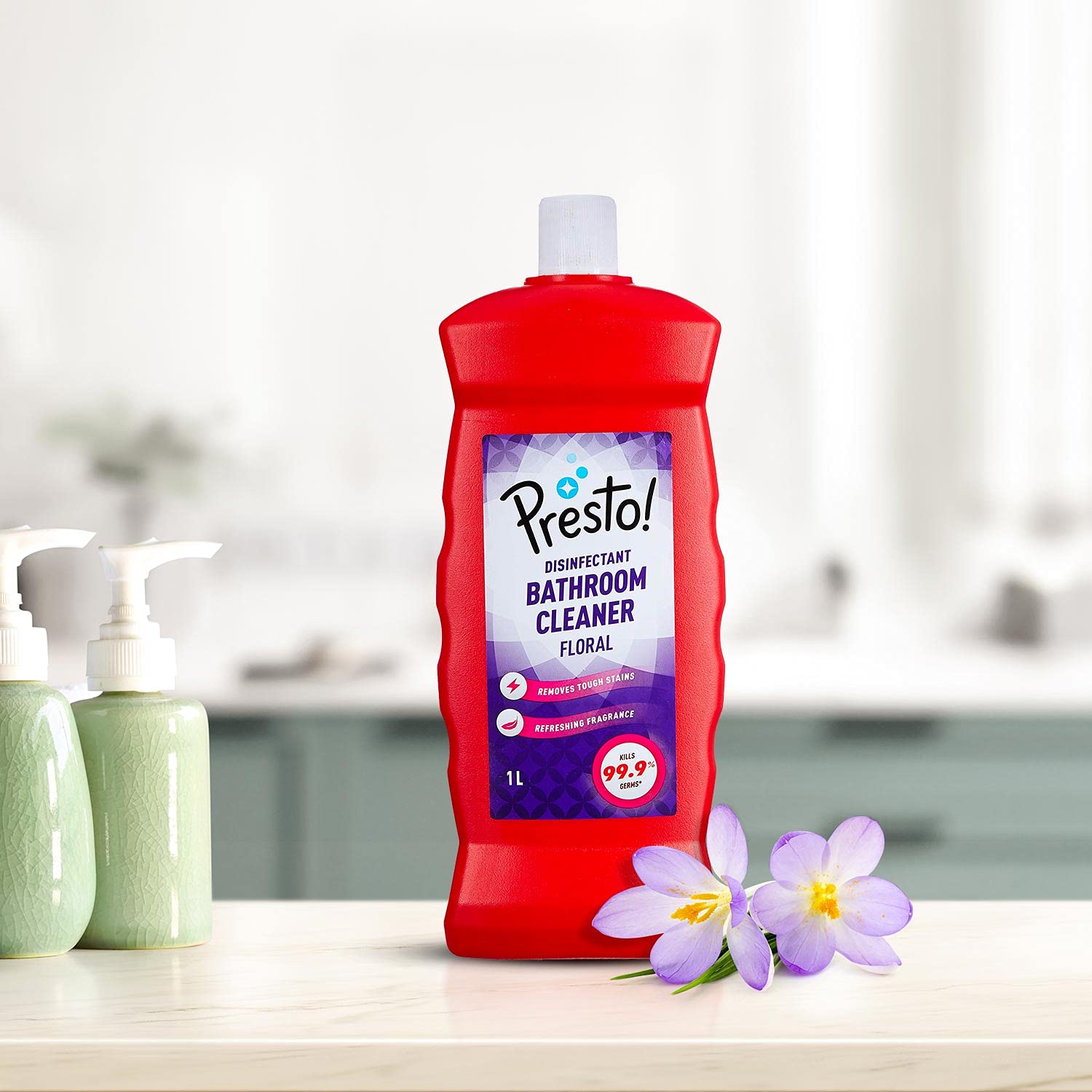 Amazon Brand - Presto! Bathroom Cleaner | Floral | 2 Litre | 1 L X 2 Packs | Suitable For Bathroom Floors, Slabs, Wall Tiles, Sinks, Basins, Stainless Steel Taps & Shower Heads 3