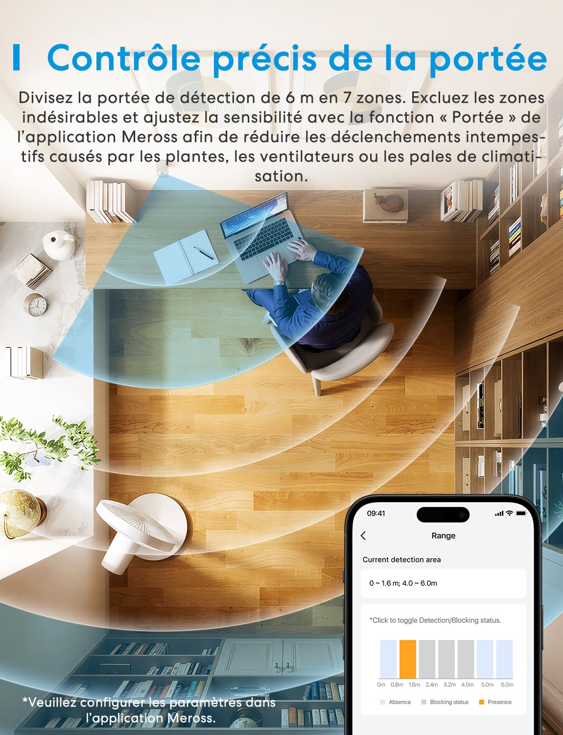 Meross Détecteur de présence Matter Over Thread, détection 3 Zones | Détecteur de mouvement et présence, radar mmWave, PIR & capteur de luminosité, Home Assistant, HomeKit, Alexa & Google Home