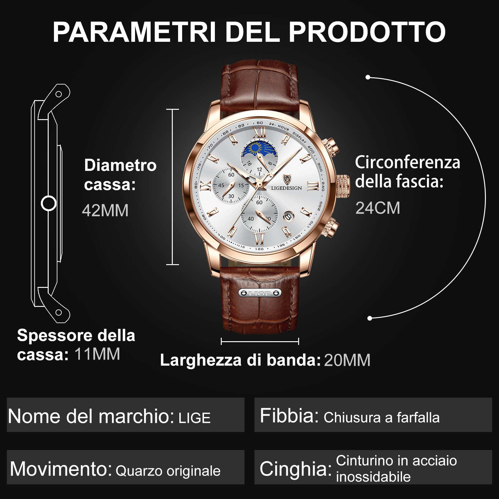 LIGE Orologio da uomo cronografo movimento al quarzo 30 ATM impermeabile cinturino in pelle grande quadrante analogico multifunzionale luminoso classico sport aziendali miglior regalo per gli uomini,