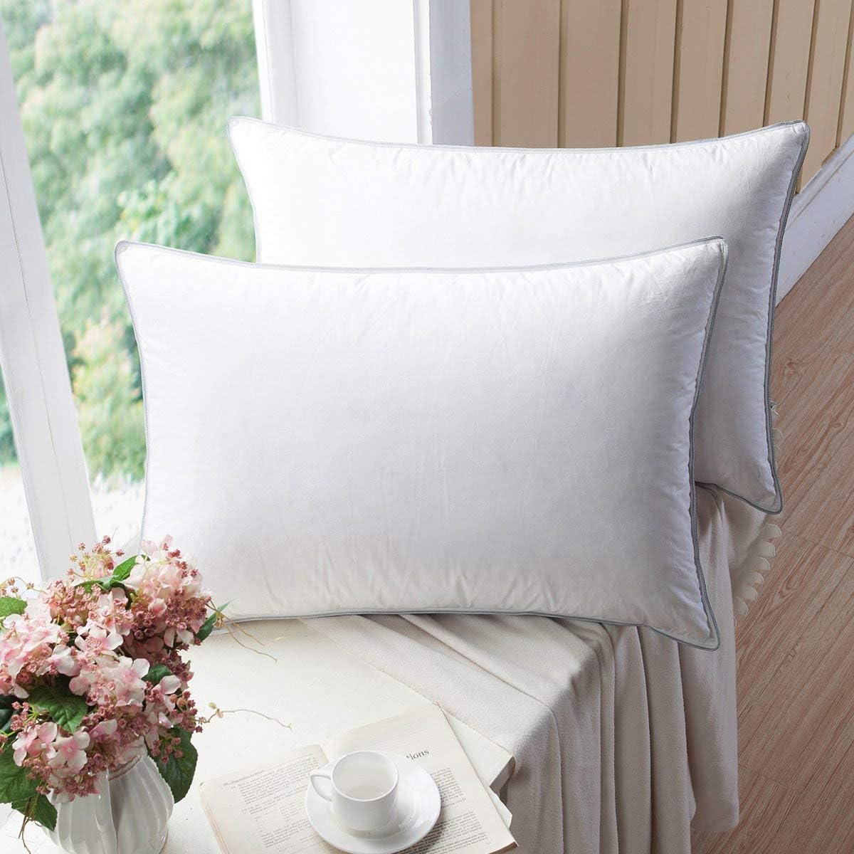 Premium Goose Feathers Down Pillows,White Queen Pillows Set of 2,Luxury Hotel Collection Goose Down Pillows,100% Organic Cotton Fabric,Breathable and Skin-Friendly,650 Thread Count