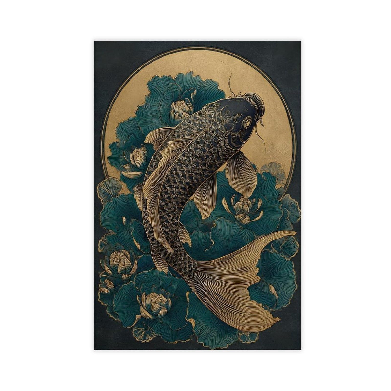 Fvkfvk Unframe-Style Japanese Koi Lotus Pond Black Koi Canvas Poster For Bedroom Decor Gift
