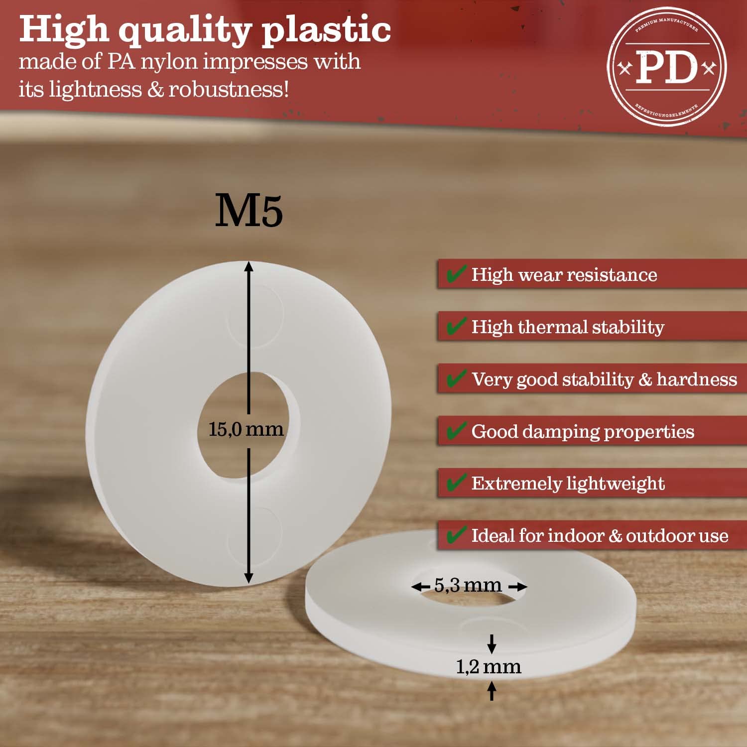 Rondelle M5 in plastica DIN 9021 ISO 7093 nylon PA diametro esterno grande 100 pezzi