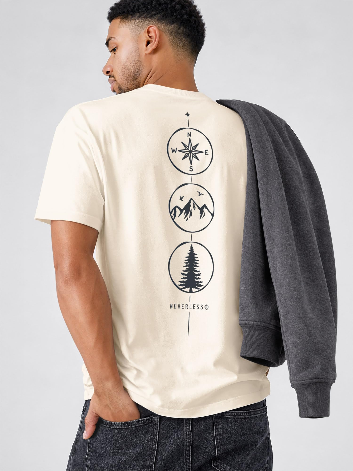 Neverless® Herren T-Shirt Backprint - Kompass Outdoor - Oversized Relaxed Fit Sommer Fashion Streetstyle