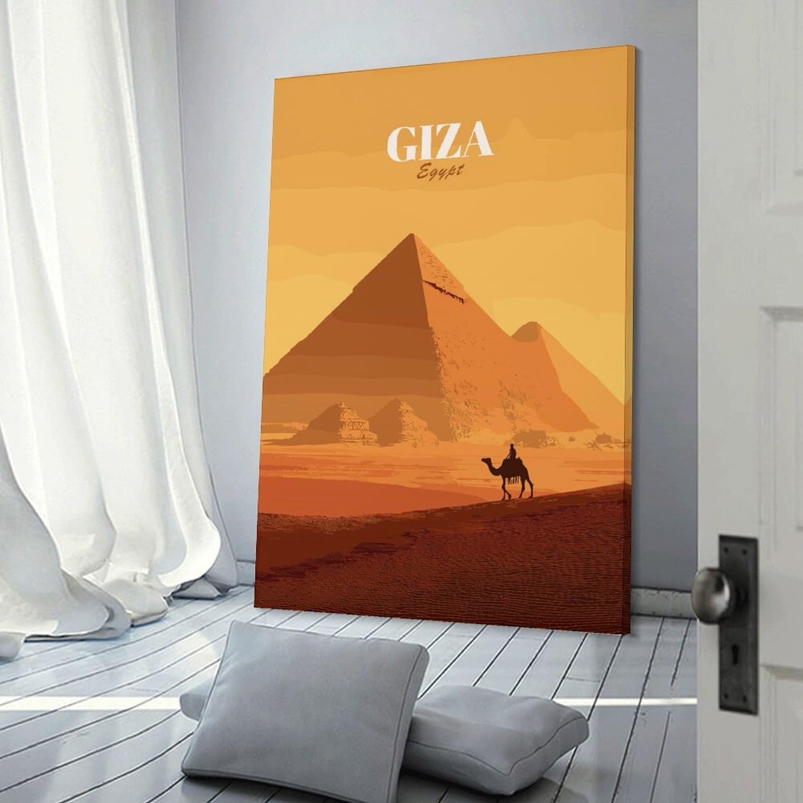 Junmoney Giza Egypt Pyramid Camel Desert Illustration Room Decor Wall Art 20x30inch(50x75cm), for Living Room, Bedroom, Office Or Hallway, An Adaptable Decor Piece for Home Use