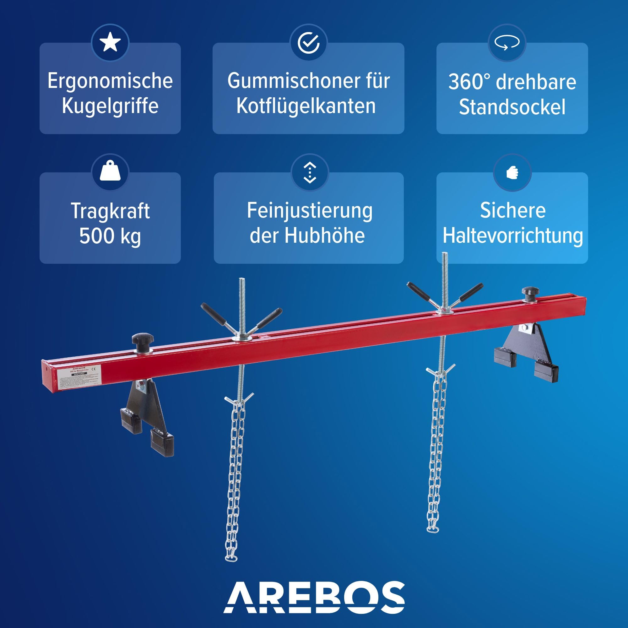 Arebos Motorbrücke 500kg [730-1480mm] Kotflügeltraverse Motorheber Motorhalter Motor Traverse | Lackierter Stahl | Rot