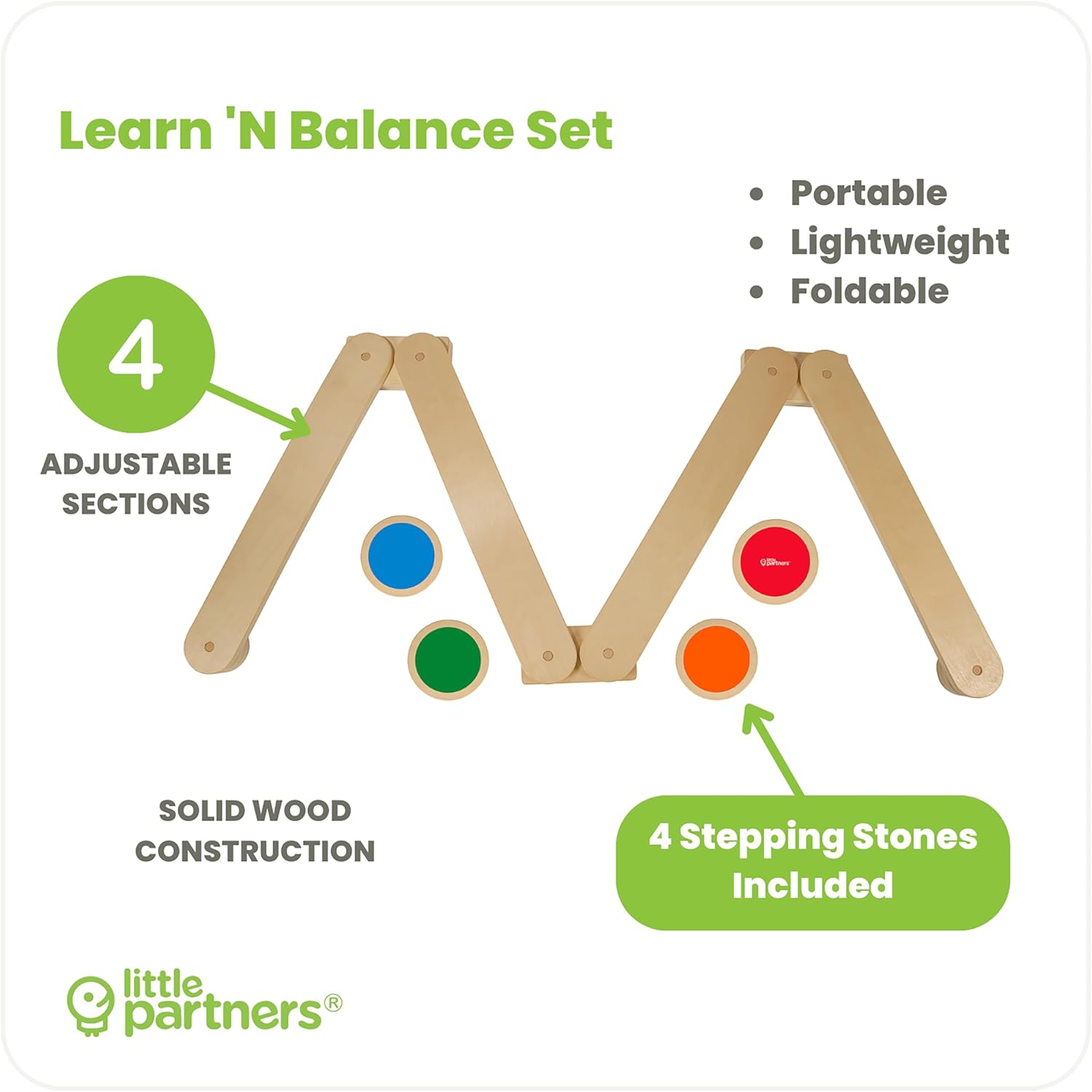 Little Partners Learn 'N Balance Toddler Balance Beam and Stepping Stones Set for Kids, Wooden Indoor Children's Activity Toy with 4 Colorful Stones, Portable Design, Hinged Sections