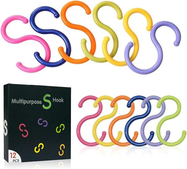 12 PCS Colorful S Shaped Hook Hanger, Plastic Hanging Hooks Hangers Towel Clothes Hanging Hook Multi Purpose Hook for Bathroom, Kitchen, Bedroom and Office