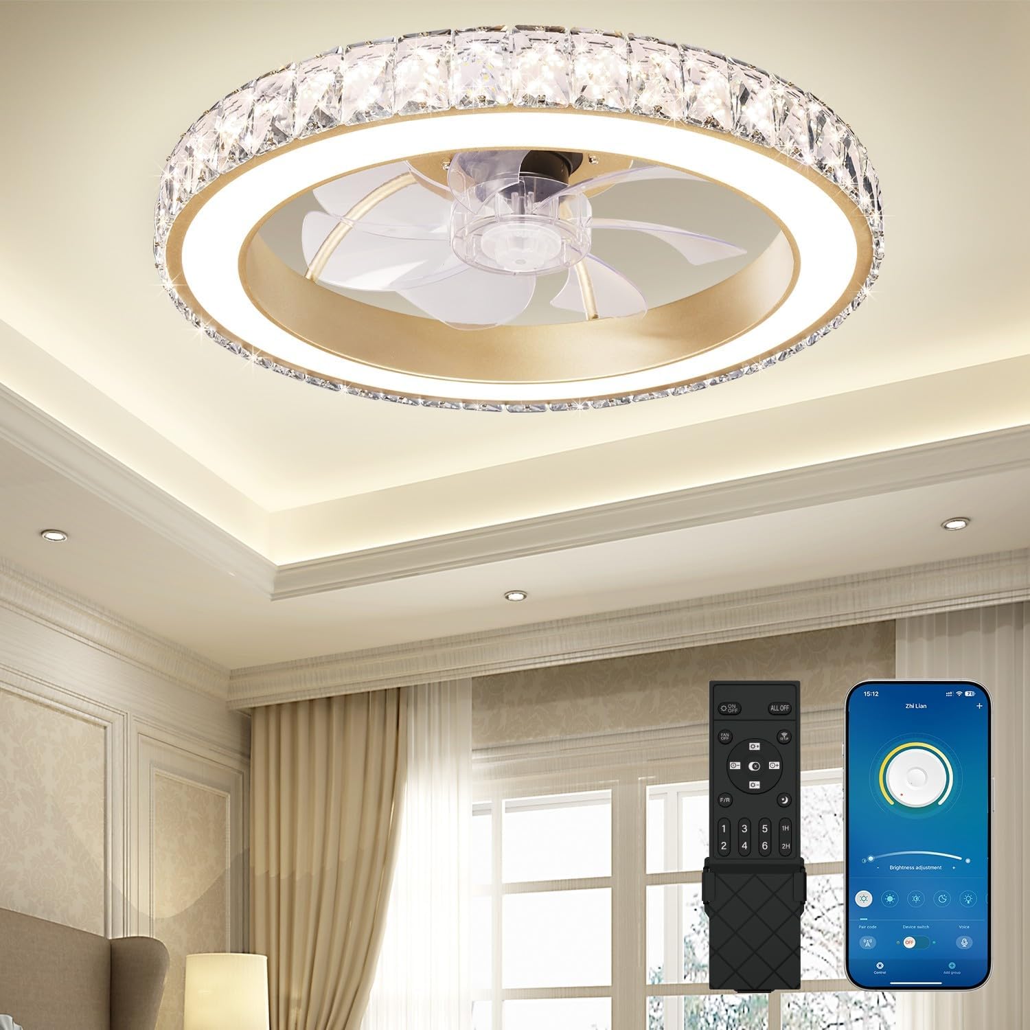 Aipsun Low Profile Modern Crystal Chandelier Ceiling Fans with Lights and Remote, 3000K-6500K Smart Bladeless LED Fan Light, 17.7" Gold Modern Ceiling Fans with Lights for Bedroom