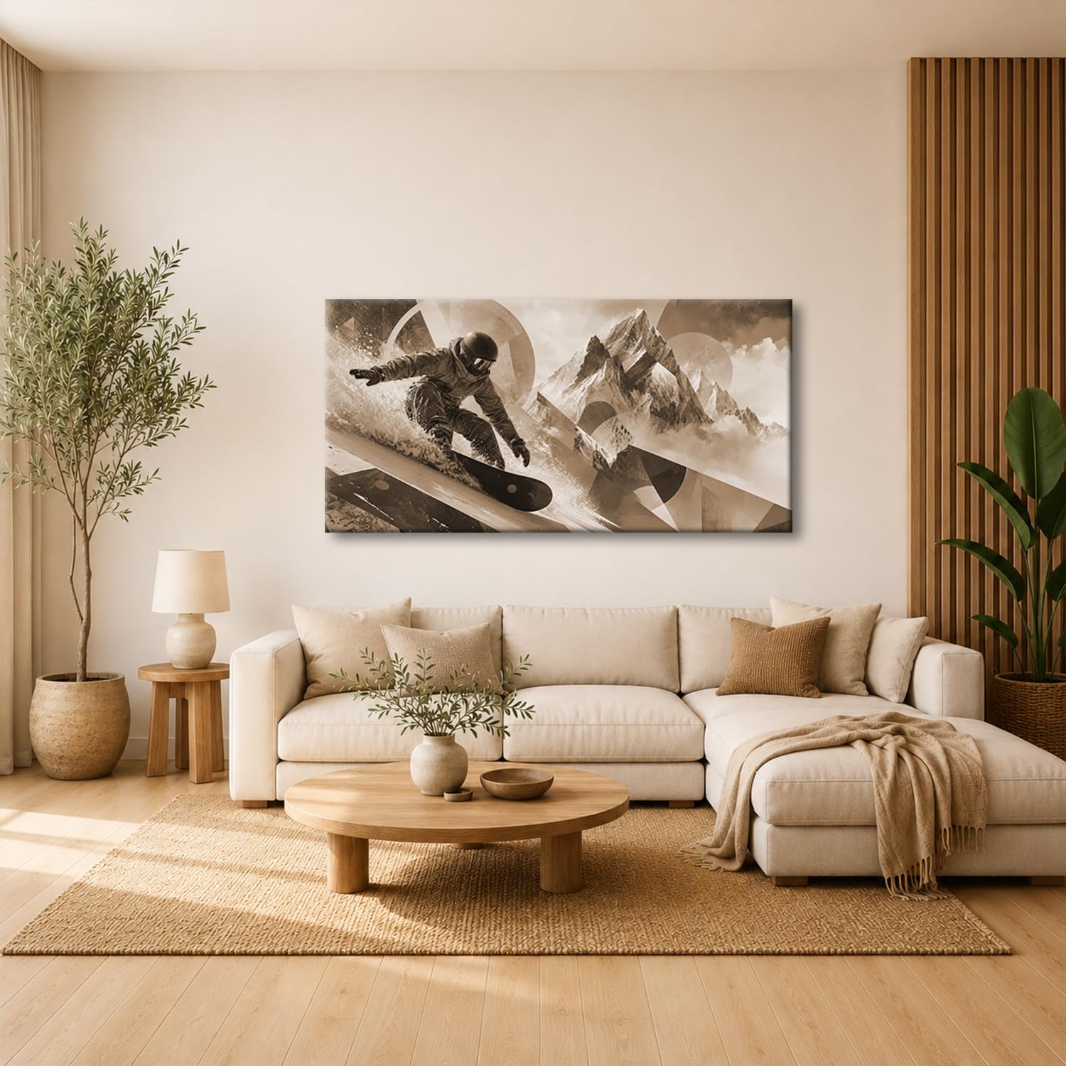deyoli Obraz na płótnie snowboardzista przed górskim krajobrazem 60x30cm Sepia