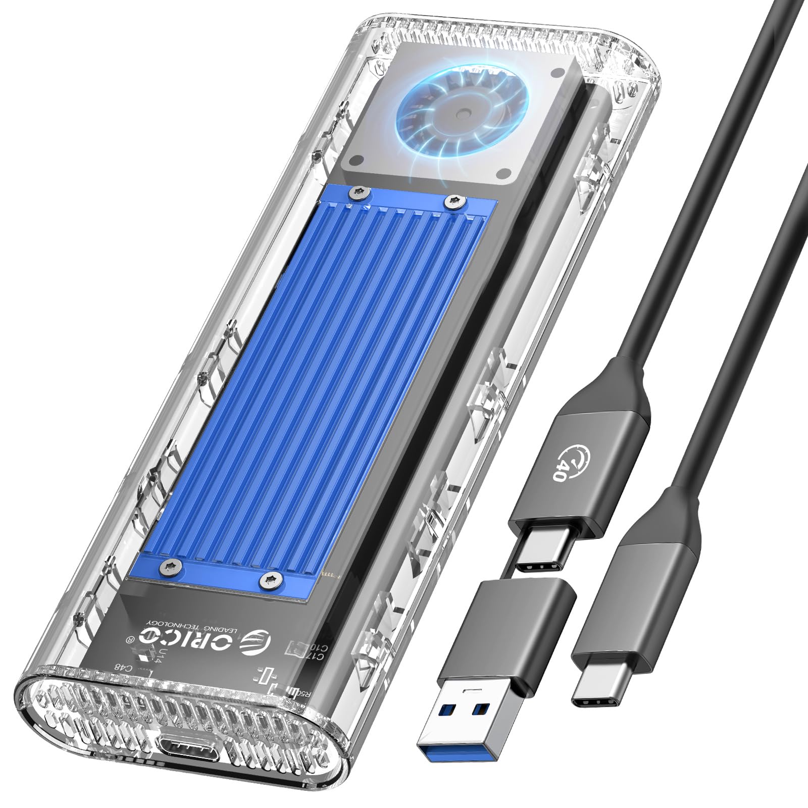 40Gbps M.2 NVMe SSD Enclosure with Built-in Cooling Fan, Upgraded Transparent External Hard Drive Enclosure, Support 2230 2242 2260 2280(only M Key), Compatible with USB4/3.2/3.1/3.0/2.0-BL