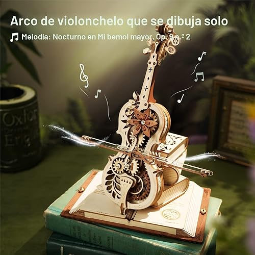 Miniatura 2 de ROKR Rompecabezas 3D para adultos, a escala 1:5, kit de modelo de violonchelo con base, 199 piezas, caja de música de madera, kit de construcción