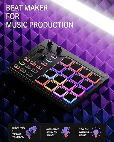 Miniatura 2 de Donner Máquina profesional MIDI Pad Beat Maker, máquina de batería con 16 almohadillas de ritmo, 2 desvanecedores y perillas asignables y software