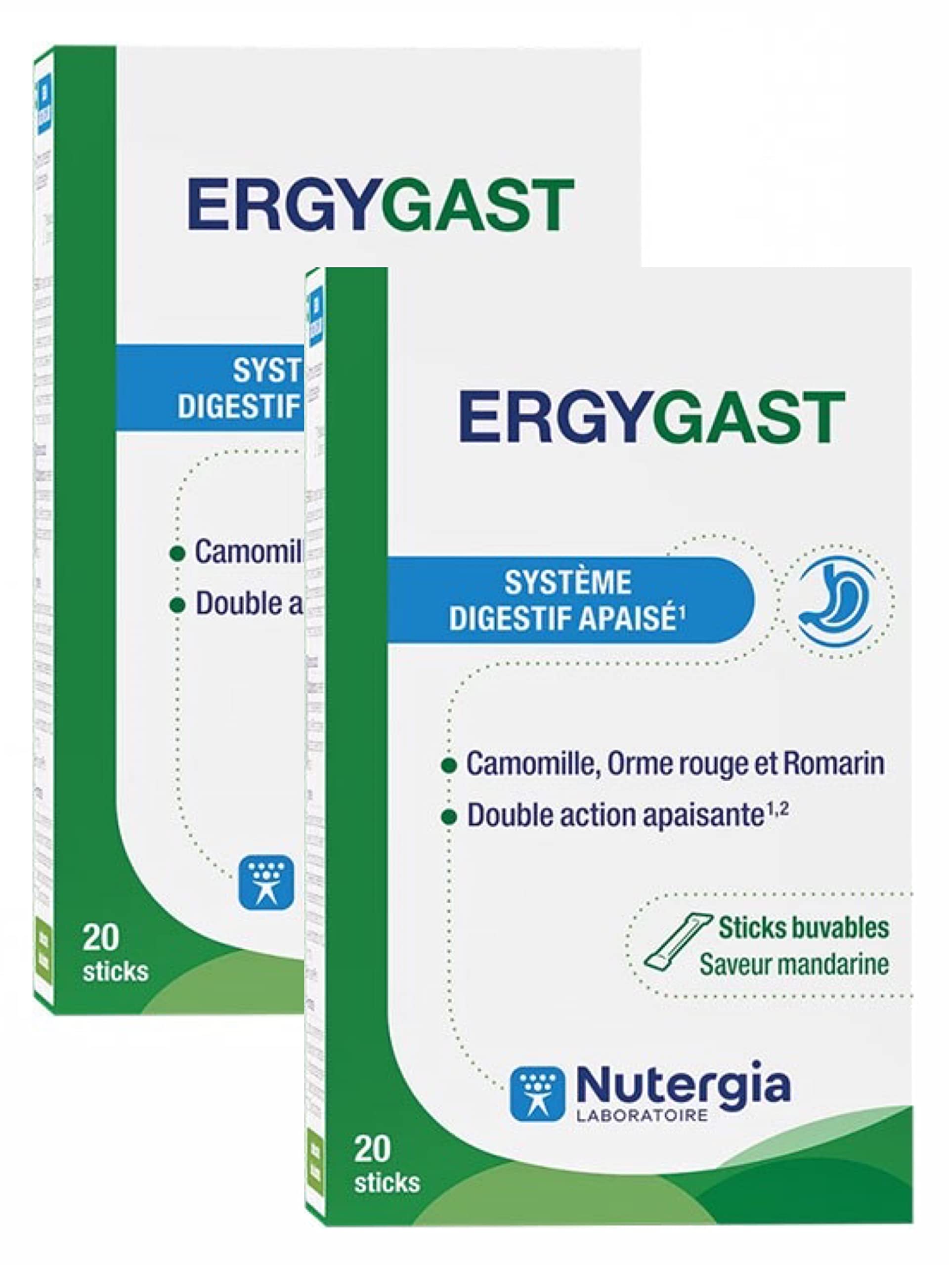 Nutergia ERGYGAST - Complément alimentaire en stick buvable à base de camomille, d’orme rouge et de romarin. Système digestif apaisé - Lot de 2 Boites de 20 Sticks (Pack2) | Base de Camomille, Orme Rouge, Romarin, Pour le Système Digestif