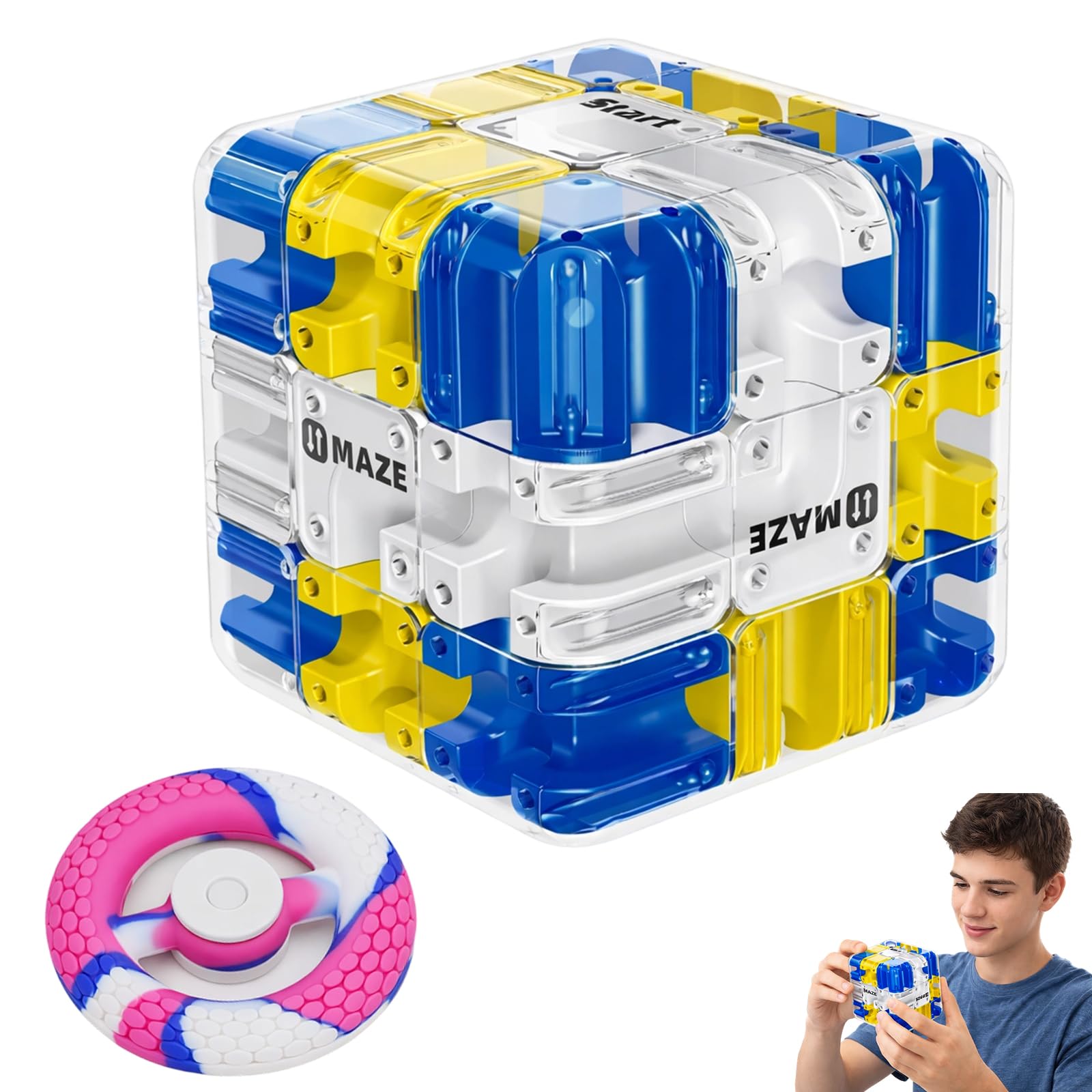 2Pcs Set 3D Maze Puzzle Cube with Fidget Spinner, Compact for Family Games and Travel, Logical Challenge Rolling Ball Maze Toy for Stress Relief and Cognitive Development(Blue)