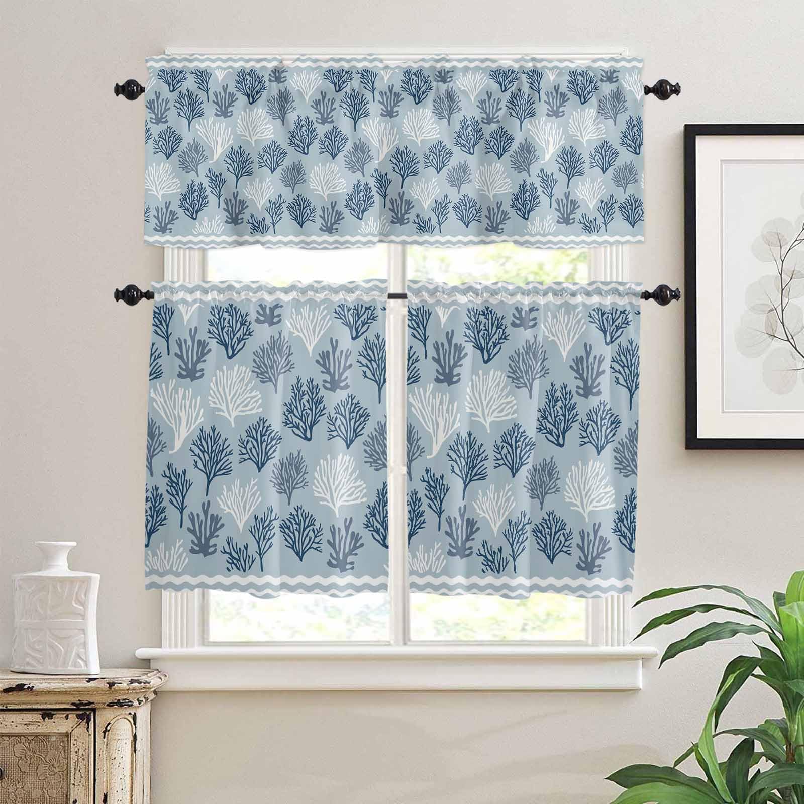 Blue White Coral Kitchen Curtains 36 Inch Length, 3 Piece Rod Pocket Small Half Tiers and Valance Set, Summer Beach Coastal Ocean Stripes Small Large Window Treatment Decor for Bedroom/Bathroom Sink
