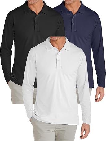 Galaxy by Harvic 3-Pack Mens Modern Fit Long Sleeve Stretch Pique Golf Polo Casual Collared Shirt S-2XL