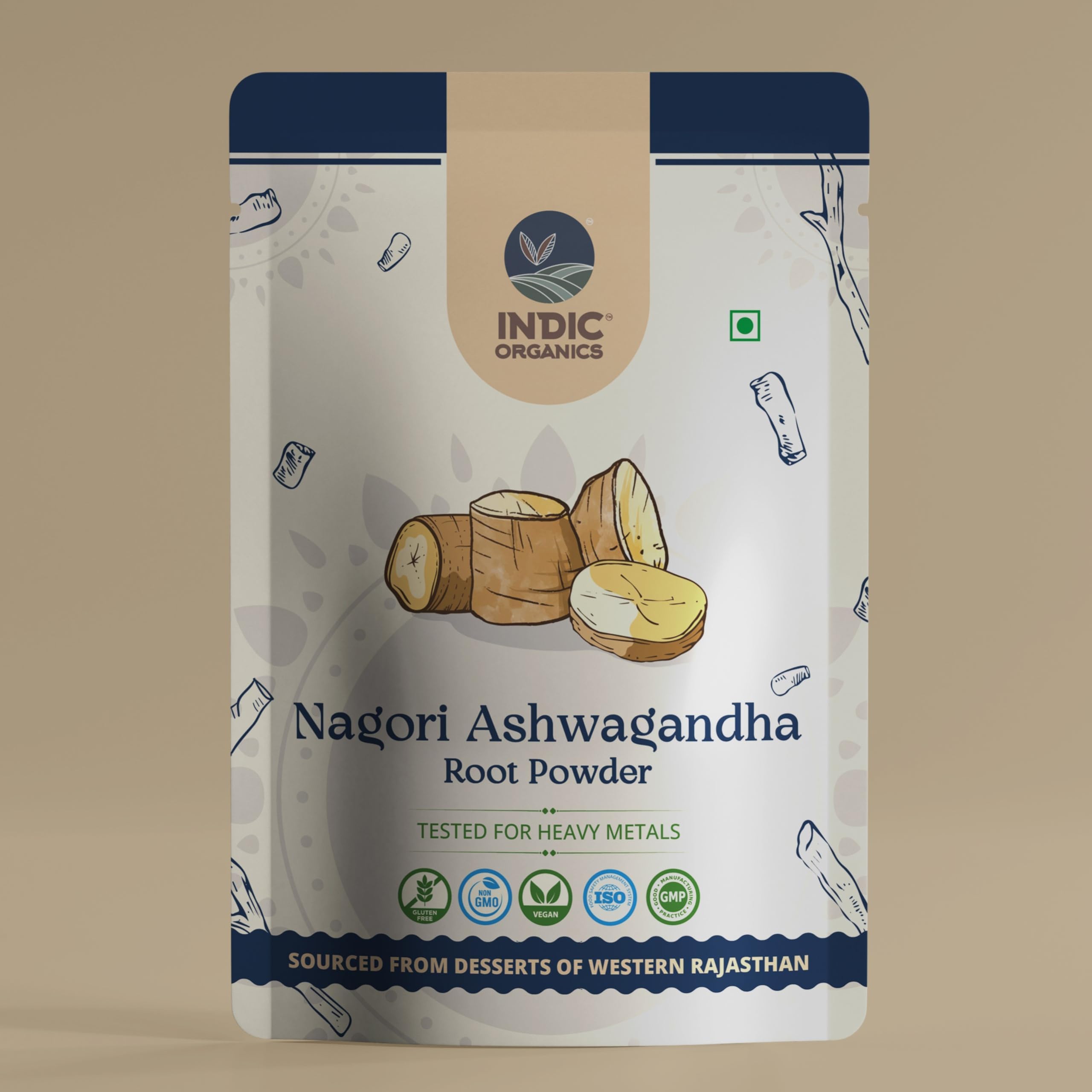 Indic Organics Nagori Ashwagandha Root | Ancient Vedic-Era Strain with High Potency | Tested for Heavy Metals | Non-GMO | Sourced from Deserts of Western Rajasthan (Root Powder, 250 Grams)