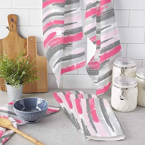 Miniatura 3 de Image Duvet 2 Pack Cotton Kitchen Dish Cloths Towels, Paint Brush Pink Grey Geometric 18 x28 Inch Soft Absorbent Kitchen Decoration Hand Towels for